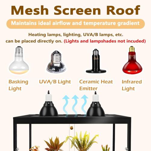 PROLEE Bearded Dragon Tank, Reptile Tank with Meatl Mesh Roof and Front Sliding Door, Lizard Tank,Spacious Reptile Enclosure for Snakes,Lguanas, Chameleons (Black, 30 Gallons)