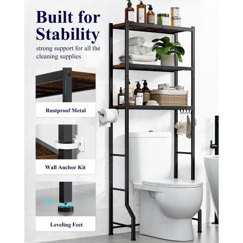 Kitsure Over The Toilet Storage Rack, 3-Tier Metal Frame | Small Bathroom, Space Saving Storage, Heavy Duty Metal Frame, Easy Assembly, Brown & Black, 61H