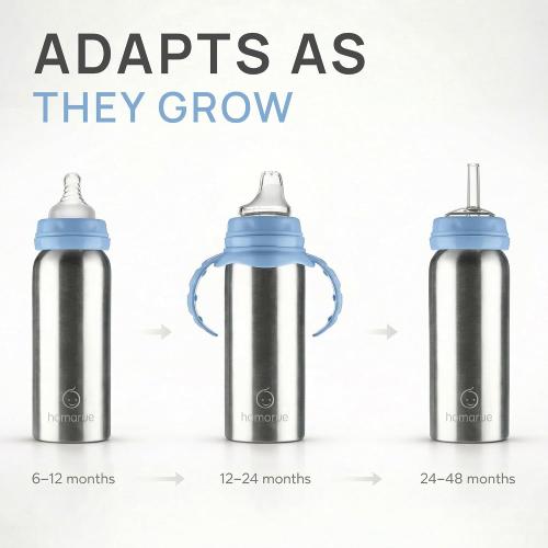 3-in-1 Stainless Steel Baby Bottle – Newborn to Toddler Sippy and Straw Cup, Leak-Proof Insulated, Ages 0–4, 8 oz Blue