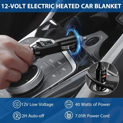 Car Heated Blanket - 12-Volt Portable Blanket for Car, Truck, SUV, RV - Soft Flannel and Sherpa - Travel Size 59 x 43