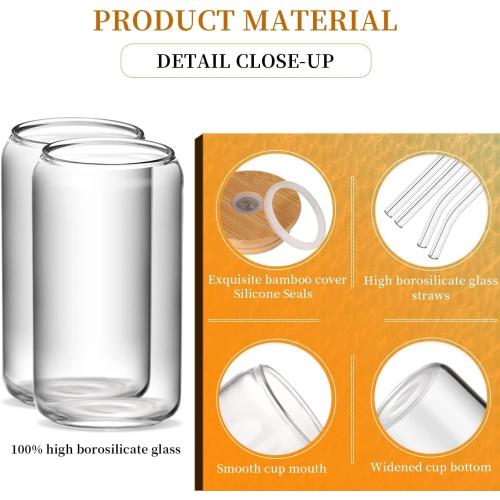 Glass Cups with Lids and Straws 6 pcs, 16 oz-DWTS Cute Tumbler,Beer Drinking Glasses,Clear for Iced Coffee, Tea with Bamboo Lids for Gifts