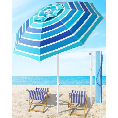8FT Large Beach Umbrella with Heavy Duty Sand Anchor & Tilt Sun Shelter, Wind Resistance, UPF50  UV Protection, Waterproof Canopy, Portable for Beach Outdoor Patio Yard Garden Pool