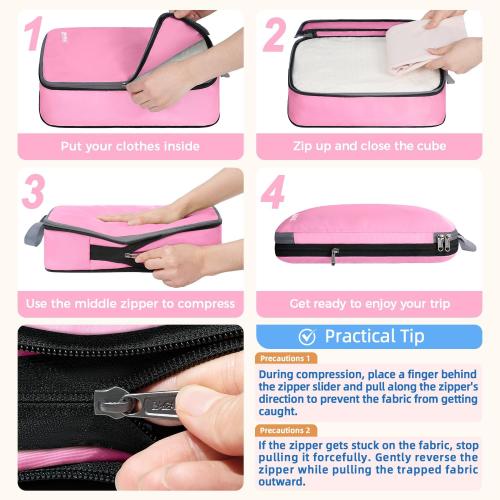 BAGAIL Set of 4 Compression Packing Cubes Travel Accessories Expandable Packing Organizers (Cloth Pattern, 4-Pink)