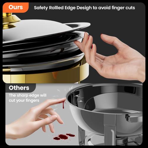 Round Chafing Dishes for Buffet 4 Pack, 6QT Chafers and Buffet Warmers Sets with 2 Heat-Proof Gloves, 4 Spoons, 4 Slotted Spoons & 4 Tongs, Gold Chafing Dishes for Buffet Parties Gatherings