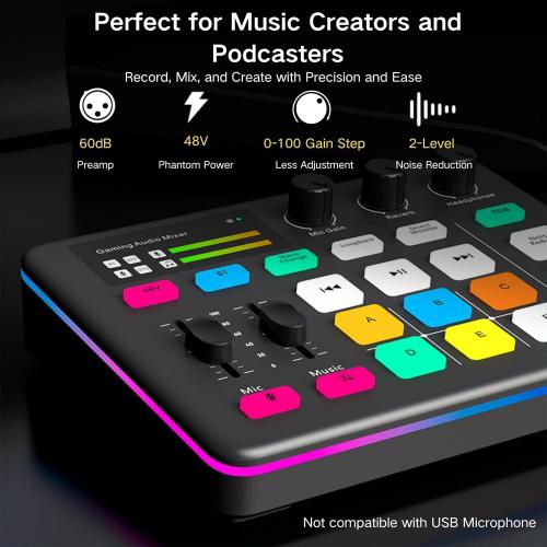 HOSONGIN Gaming Audio Mixer, Audio Interface with Pro-preamp, Voice Changer & DJ Mixer Effects, 48V Phantom Power, Bluetooth & RGB Live Sound Card for Streaming, Podcasting, Gaming