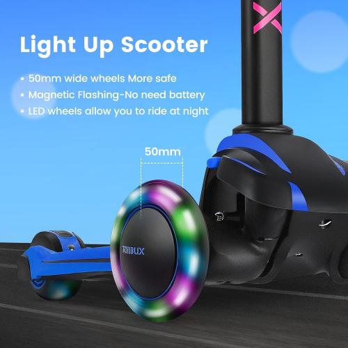 Blue and Black TONBUX Kids Scooter for Age 3-12, Toddler Scooter with 4 Adjustable Heights, Light Up 3-Wheels Scooter, Shock Absorption Design, Lean to Steer, Balance Training Scooter for Kids