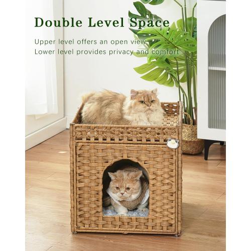 SETVSON Cat Beds for Indoor Cats Extra Large Double Cat Cave, Natural | Spacious Multi-Cat House, Furniture End Table Look, Soft Washable Cushion, Sturdy Metal Frame, 18.5x20.5x19.1 In Woven Cube