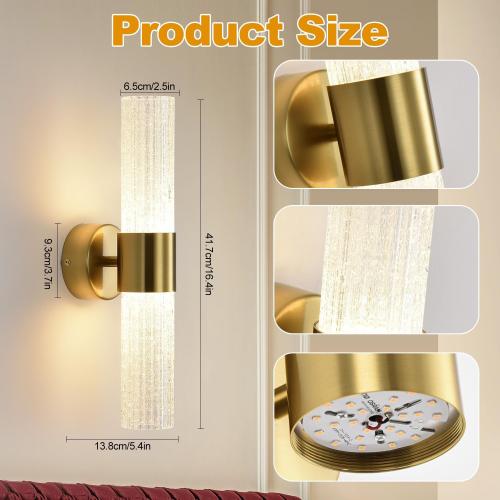 Crystal Sconces Wall Lighting, Gold Wall Sconces Set of 2, LED Crystal Sconces Set of 2, Wall Lights for Bedroom Modern, for Bedroom, Living Room, Dining Room, LED 0-32W with Light Source