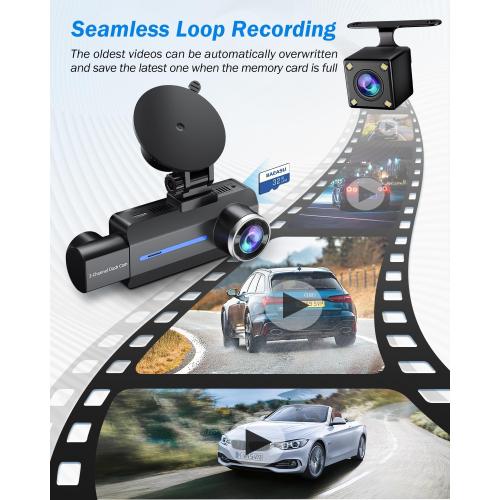 Dash Cam Front and Rear, 2.5K 1440P Triple Car Camera with 32GB Card, 3 Channel Dash Camera for Cars, G-Sensor, 3.16” IPS Screen, 24Hr Parking, 170°Wide Angle, Loop Recording, IR Night Vision, Blue