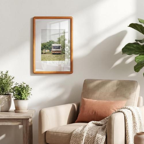 Acovy A3 Picture Frame, Solid Natural Teak Wood Photo Frame with Tempered Glass,A3 Wood Picture Frame with Mat for A4 Photos,Curved Rounded Corner Wooden Frames,Wall or Tabletop Display