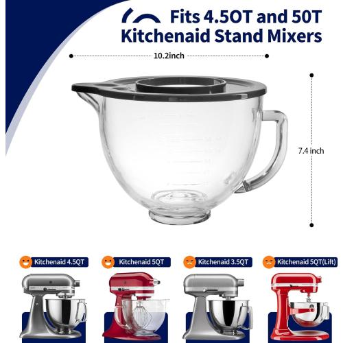 Glass Bowl for KitchenAid Stand Mixer,5 Quart,Glass Mixing Bowl Replacement for KitchenAid 4.5 and 5 Quart Tilt-Head Stand Mixers with Measurement Markings