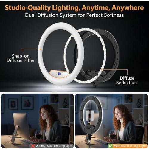 22'' Ring Light with 75'' Tripod Stand, LED Display/2 USB Ports/6500K Dimmable Ring Light for ipad Phone Holder for Tattoo Lash Live Makeup Video Recording TikTok Barber Stylist Photography