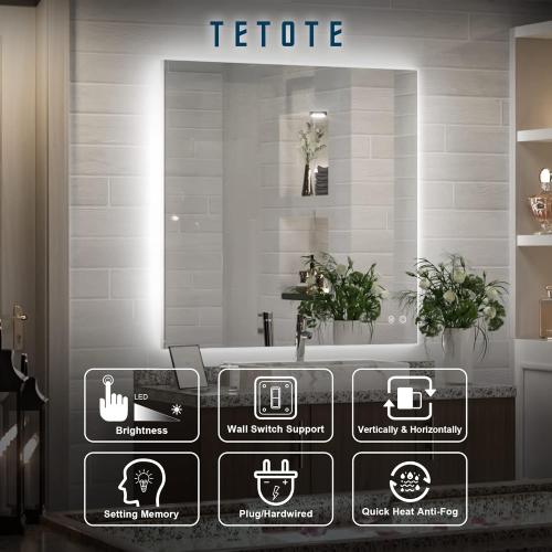 TETOTE 36 x 36 Inch LED Backlit Mirror with Light Bathroom,Anti-Fog,Dimmable,CRI90 ,IP 54Water Proof,Vanity Mirror with Light,Wall Mounted,Horizontal/Vertical