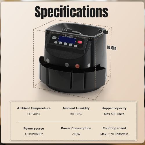USD Coin Counter 270 Coins/Min Includes 5 Coin Bins, 5 Tubes & 5 Wrappers | 300-Coin Capacity Automatic Change Counter with LCD Display for 1¢ 5¢ 10¢ 25¢ $1, Precise Counting for Retail/Banks/Home