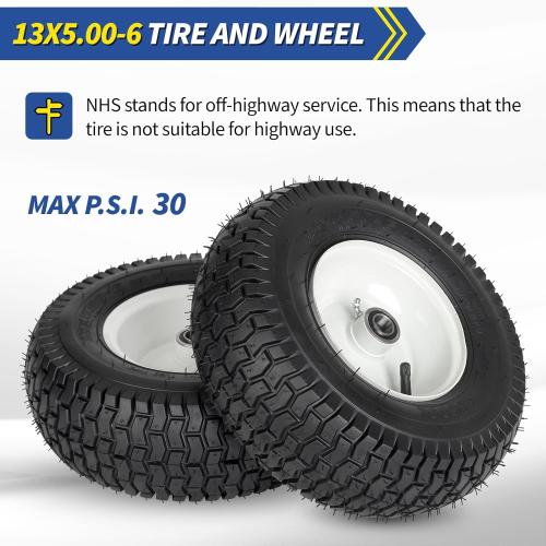 Size 13x5.00-6 Rubber Lawn Mower Tire and Wheel, 2 Pcs Replacement 13x5-6nhs Riding Mowers Lawn Pneumatic Tire with Bearing Bore 3/4 & 5/8, 3 -4.5 Centered Hub