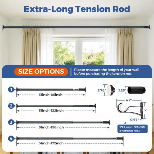 Tension Curtain Rods 51-86 Inch(5-7.17Ft),Shower Curtain Rods No Drilling,Heavy Duty tension rod for Bathroom Windows Room Divider Outdoor Patio,Easy Install,Never Rust,Diameter 1.26 In-Black
