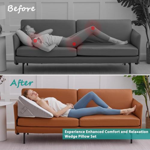 Wedge Pillow for Sleeping, Adjustable 9&12 Inch Foldable Bed Wedge Pillow Set, Orthopedic Memory Foam Triangle Pillows Wedge, 7-in-1 Elevated Pillows for Leg and Back Support, White/Grey