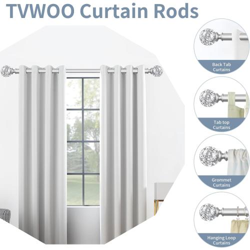 Silver Decorative Crystal Curtain Rods:66-120 Inch Heavy Duty Adjustable Window Curtains Rods for Bedroom Living Room,Nickel Modern Girly Acrylic Drapery Rods Set with Sheer Bling Foil Finials