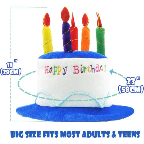 Novelty Place Blue Plush Happy Birthday Cake Hat - Unisex Adult Size Fancy Dress Party Hats - Perfect as Party Favors, Costume Accessories - Cake & 5 Multicolor Candles