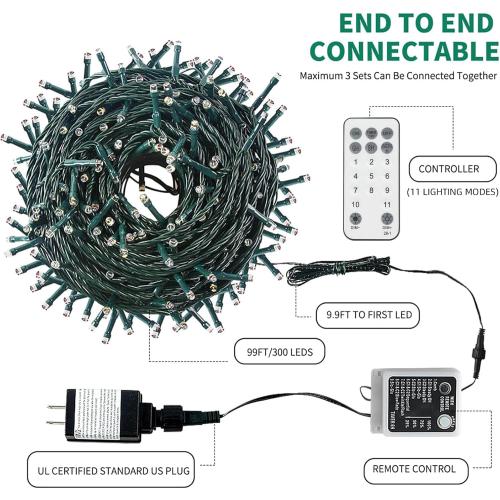 Color Changing Christmas String Lights Outdoor Indoor, 108FT 300 LED Warm White Multi Color Fairy Light, END to END CONNECTABLE, Waterproof Christmas Tree Lights with Timer Remote