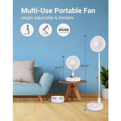 Primevolve Battery Operated Fan,Portable Rechargeable USB Floor Table Desk Fan with Adjustable Height, 4 Speed Settings Pedestal Fan for Bedroom Camping Travel,White 7.7