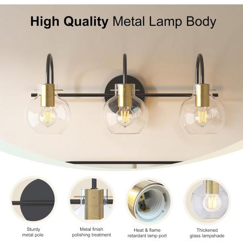 Bathroom Vanity Light Fixtures,3 Light Brushed Black Wall Sconces, Modern Bathroom Lighting Over Mirror, UL Certified with Glass Shades, Vanity Lights for Bathroom, Bedroom, Hallway