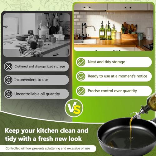 COOLMI Oil Dispenser for Kitchen - 12oz/350ml, Set of 2 Extra Thick Food Grade Glass Olive Oil Dispenser Bottle with Cleaning Brush, Stickers and Funnel (Black)