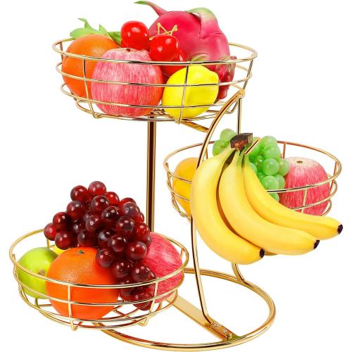 Livabber Fruit Basket Bowl with Banana Hanger, Fruit Vegetable Storage Basket with Banana Tree Holder for Kitchen Counter, Detachable Organizer for Bread Snack Produce (Gold, 3-Tier Metal Base)