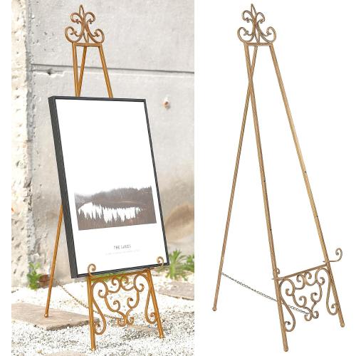 18.25L x 25.5W x 55H Metal Scroll Extra Large Free Standing Adjustable Display Stand Easel with Chain Support, Heavy Duty Easel for Sign, Wedding, Picture Frame, Mirror, Gold (No Assembly Required)