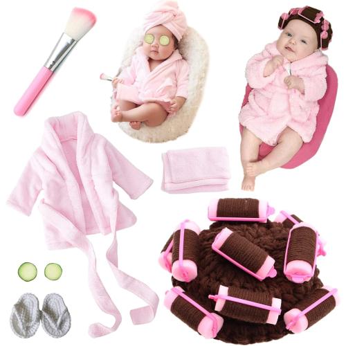 Pink SPOKKI Newborn Photography Props Newborn Girl Photoshoot Outfits Babies Robe Props with Bath Towel Slippers Cucumber Curler Hat Makeup Brush for Infant Boys Girls