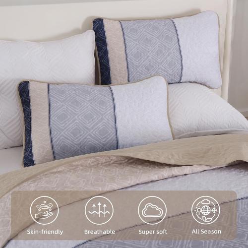 Cottolester Boho Quilt Set Queen Size 3 Pieces,Khaki and Navy Blue Striped Bedspread Coverlet Set,Bohemian Bedding Set Soft Microfiber Bedding Set for All Season 96x90