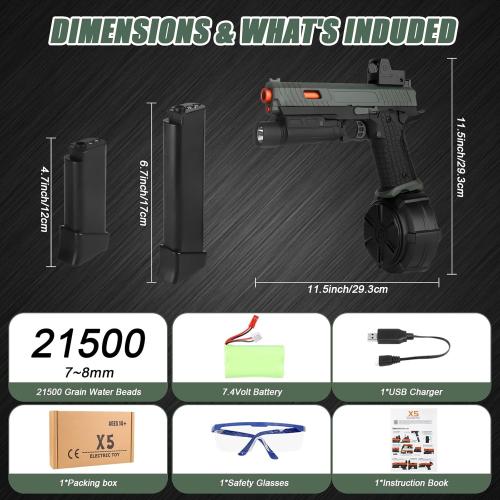 Color Green Electric Gel Blaster Toys New X5, Full Auto Splat-Blaster Includes Drum and Goggles for Outdoor Team Game, X2 Upgrade Version for Ages 14 ,Green