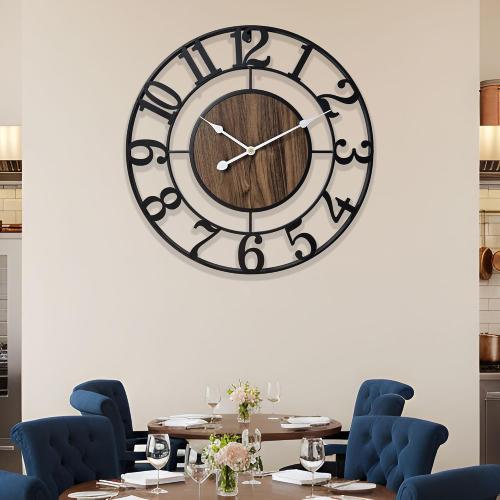 Large Metal Wall Clock, 30 Inch Retro Decorative Silent, Non Ticking, Battery Operated Modern Big Wood Wall Clock for Living Room, Farmhouse, Bedroom, Fireplace, Kitchen, Office, Home Decor