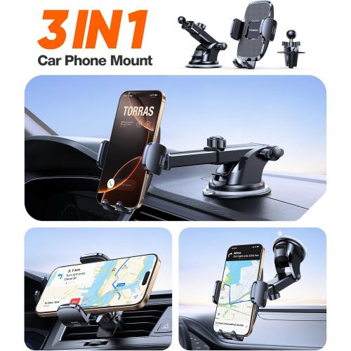 TORRAS Ultra-Durable Phone Holders for Your Car【96 LBS Strongest Suction】 Car Phone Holder Mount, Safety Certs Cell Phone Car Mount Truck for Dashboard Windshield Vent for iPhone 17 16 15 14 Pro Max