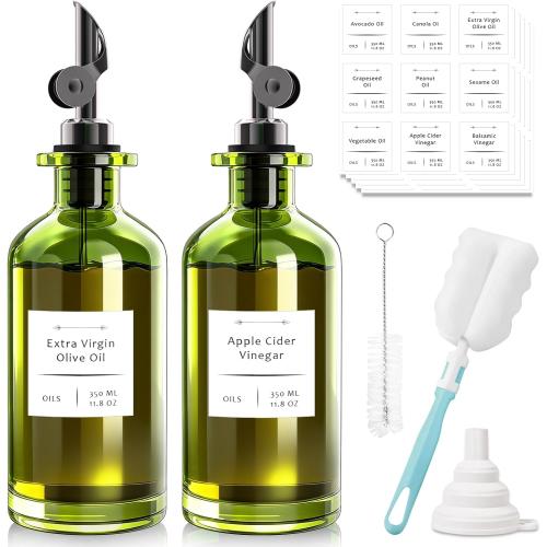 COOLMI Oil Dispenser for Kitchen - 12oz/350ml, Set of 2 Extra Thick Food Grade Glass Olive Oil Dispenser Bottle with Cleaning Brush, Stickers and Funnel (Black)