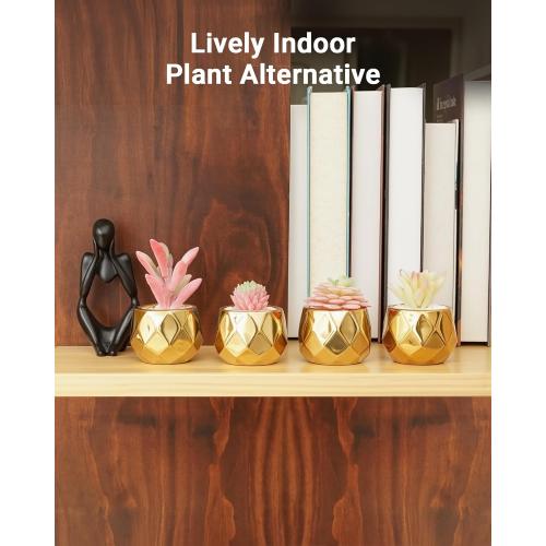 VIVERIE Mini Succulents Plants Artificial in Pots-Pink with Golden Ceramic, Christmas Small Fake Succulents Plants for Home Decor Indoor Christmas Decor for Women, Set of 4, Gifts for Mom