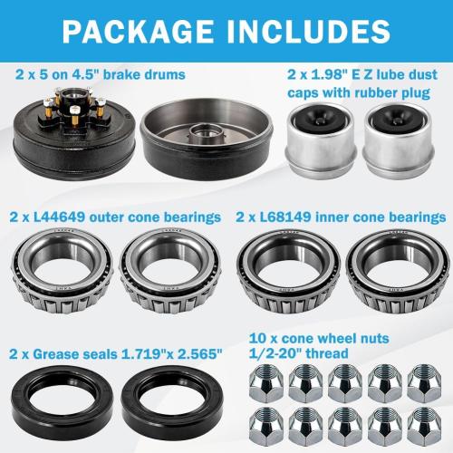 5 on 4.5 Trailer Brake Drum,10 x 2-1/4 Trailer Brake Drum Kit for 3500lbs Traler Axle with L68149/L44649 Bearing and 1/2-20 Nuts - 22001K 008-247-05, 84546，2 Sets
