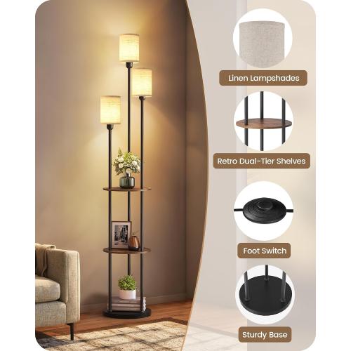 70.9 Floor Lamp with Shelves, Modern Floor Lamp with 3 Linen Shades and Foot Switch, 3-Light Standing Lamp, for Living Room, Bedroom, Study, Office, Rustic Brown and Beige EF53LD05‼️missing pieces‼️