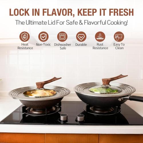 Najor Universal Lid for Pots, Pans and Skillets, Pot Lid With Wooden Standable Handle And Tempered Glass, Fits 8.25, 9, 10, 11, 12 Diameter Pots and Pans