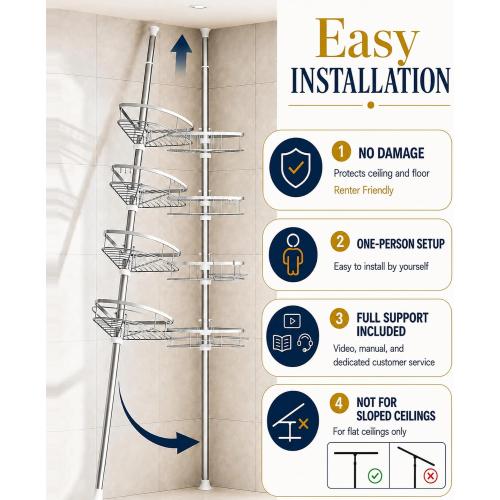 Rustproof Shower Corner Caddy Organizer for Bathroom, 4 Adjustable Shelves with Tension Pole, for Bathtub Shampoo Accessories Storage Holder, 34 to 116 Inch Height, Silver