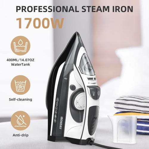 1700W Steam Iron for Clothes Rapid Heating, Stick Ceramic Soleplate, 3-Way Auto-Off, Burst of Steam, 14.07oz Water Tank Ironing Clothes for Home