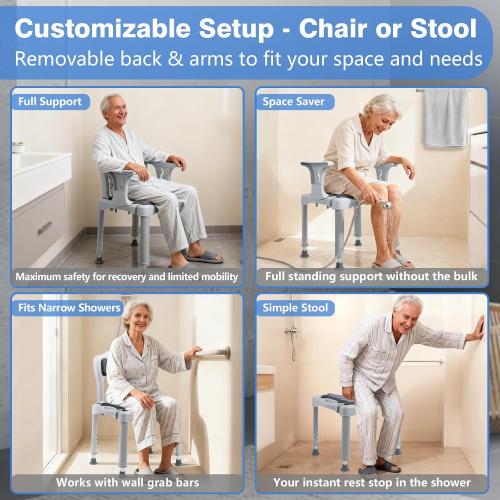 Shower Chair for Narrow Bathroom, Bath Stool for Elderly Disabled Adults, with Arms Back Cushion & Seat Cutout, 300 lbs Capacity, Fits 5ft Standard Tub and Small Shower Stall (Grey, Standard)