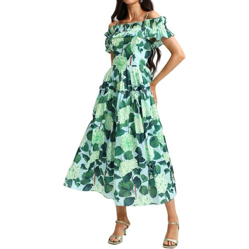 Sunfere Green Floral Dress for Women Midi Off The Shoulder Dress Printed Slip Dress
