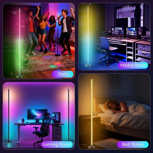RGB LED Corner Floor Lamp with Music Sync and 16 Million DIY Colors, Color Changing Modern Smart Standing Lamp with APP and Remote Control, Ambient Light for Bedroom, Living Room & Gaming room
