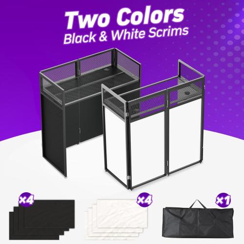 YooKoo Foldable DJ Booth for Tool-Free Assembly, DJ Table with White & Black Scrims, Metal Frame DJ Facade, DJ Stand with Cable Hole and Carry Bag, for Parties & Events & Small Studios ( maybe missing screws)