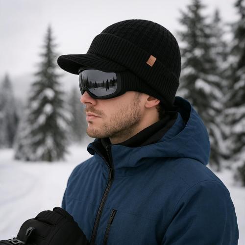 TOP-EX PolarWool™ 100% Merino Wool Winter Hat for Men Fleece Lined Visor Beanie with Brim Outdoor Knit Cap for Cold Weather