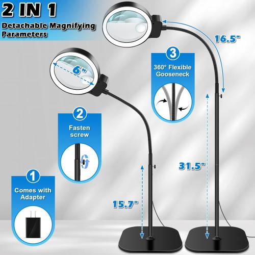 30X 10X Large Floor Magnifying Glass with Light and Stand,72 LED Flexible Gooseneck Floor Magnifying Lamp,2 in 1 Lighted Magnifiers for Close Work, Sewing,Crafts,Hobbies（Black）