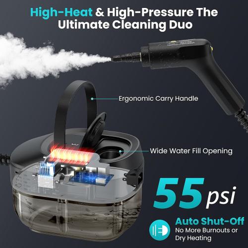 Handheld Steam Cleaner for Home, 2500W High Pressure Steamer, 15s Fast Heat-Up, 1.6L Tank, Portable Steam Cleaner for Car, Floor, Grout, Kitchen, Furniture & Bed Bugs (Black)