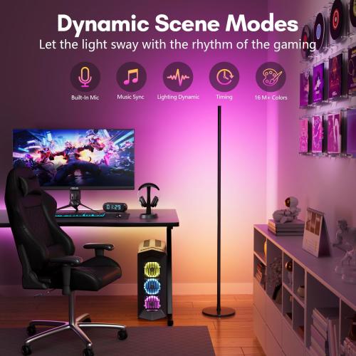 luckystyle Smart RGB IC Corner Floor Lamp,Bright LED Tall Modern Floor Lamp with APP and Remote,Ambient Lighting Color Changing Standing Lamps with Music Mode and Timing for Living Room,Bedroom,Party