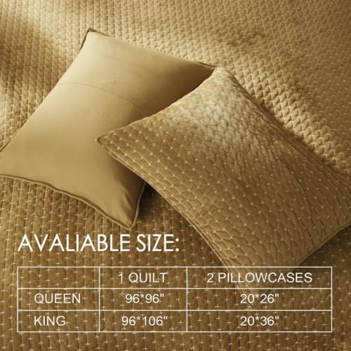 Powdion Luxury Velvet Quilt King Size, Lightweight 3PCS King Quilt Bedding Set with 2 Pillow Shams 20x26, Oversized Queen Bedspread, All-Season Ultra-Soft Comforter for Bedroom Home Decor Caramel Gold